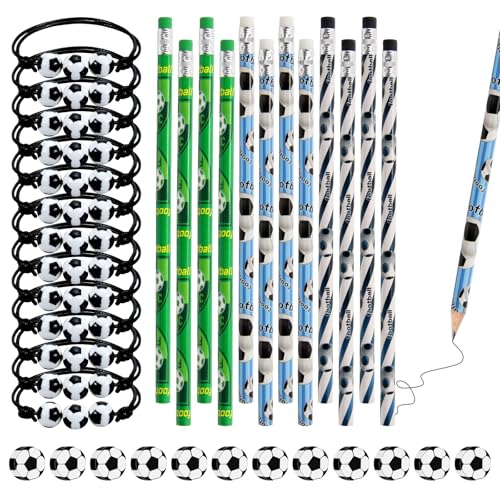 XIAQICA Fußball Mitgebsel Set Kinder 12 Fußball Bleistifte + 12 Radiergummi Fussball +12 Einstellbare Fußball Gewebte Armband für Jungs Kindergeburtstag Gastgeschenke Schule Fußball Themen von XIAQICA