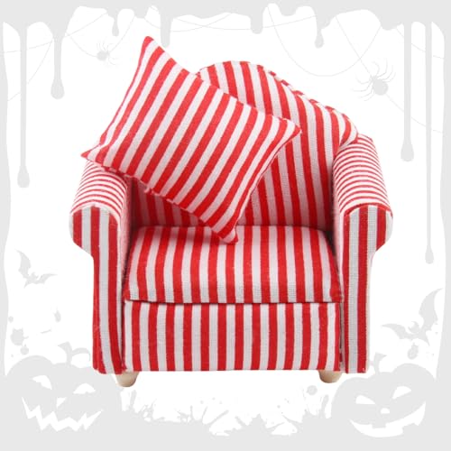 XIAQICA Puppenhaus Sofa mit Kissen, Miniatur Rot -Weiß Streifen Sessel, 1/12 Puppenhaus Möbel Couch mit Rückenkissen, Holz Miniatur Zubehör, Klein Single Sofa für Halloween, Weihnachten Schmücken von XIAQICA