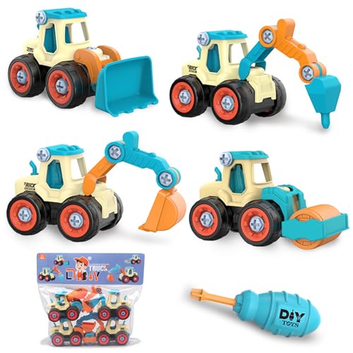 XIATIAN Bagger Spielzeug, 4 in 1 Sandspielzeug Engineering Bagger Set mit Schraubendreher, Zerlegen Spielzeug DIY Baufahrzeuge Lernspielzeug für Kinder (B) von XIATIAN