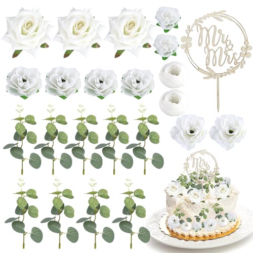 XIEJ 23 Stück Hochzeitstorte Deko, Hochzeitstorte Topper Kuchen mit Eukalyptusblättern, Mr & Mrs Deko Hochzeit, Hochzeit Tortenaufsatz Dekoration für Geburtstagsfeier, Weiß von XIEJ