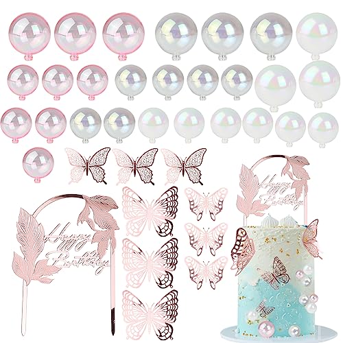 XIEJ 37 Stück Tortendeko Kugeln, Happy Birthday Tortendeko, Cupcake Topper Bubble Bunte Ball, Tortendeko Geburtstag Mädchen, DIY Cake Topper für Geburtstag Hochzeit, Roségold von XIEJ