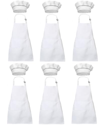 XIEJINJIA 6 Set Kinderschürze und Kochmütze Set Verstellbar Kochschürze mit Taschen Kochen Backen Malerei für Jungen und Mädchen Weiß von XIEJINJIA