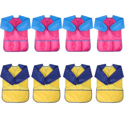 XIEJINJIA 8 Stück Kinder Malschürze mit langen Ärmeln und 3 Taschen Künstler Malschürze Jungen und Mädchen für Kochen Malerei Handwerk(Rosa,Gelb/M) von XIEJINJIA