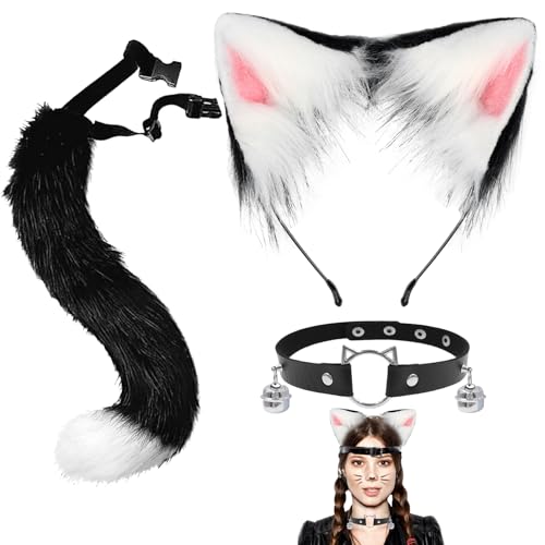 XIEXIESHER 3 Stück Katze Fuchs Cosplay, Fuchs Kunstpelz Schwanz Katzenohren Stirnband Halloween Party Kostüm Halsband Cosplay Set für Damen, Karneval Halloween Party Cosplay Kostüm Set(Schwarz/Weiß) XIEXIESHER 3 Stück Katze Fuchs Cosplay, Fuchs Kunstpelz Schwanz Katzenohren Stirnband Halloween Party Kostüm Halsband Cosplay Set für Damen, Karneval Halloween Party Cosplay Kostüm Set(Schwarz/Weiß) von XIEXIESHER