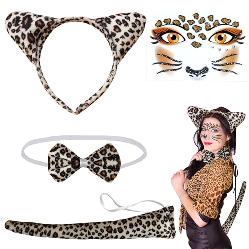 XIEXIESHER Leopard Kostüm Set, 4-Teilig: Stirnband, Fliege, Schwanz, Ohren, Gesicht Kunst Aufkleber - Für Karneval, Fasching, Halloween Party von XIEXIESHER