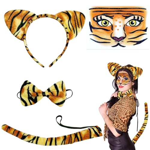 Tiger Kostüm Set, 4 pcs Tier Tiger Stirnband Fliege, Tiger Schwanz, Tigeren Ohren, Tiger Gesicht Kunst Aufkleber,Tigeren Kostüm Damen, Tierkostüm Kinder, für Karneval Fasching Halloween Party Tiger Kostüm Set, 4 pcs Tier Tiger Stirnband Fliege, Tiger Schwanz, Tigeren Ohren, Tiger Gesicht Kunst Aufkleber,Tigeren Kostüm Damen, Tierkostüm Kinder, für Karneval Fasching Halloween Party von XIEXIESHER