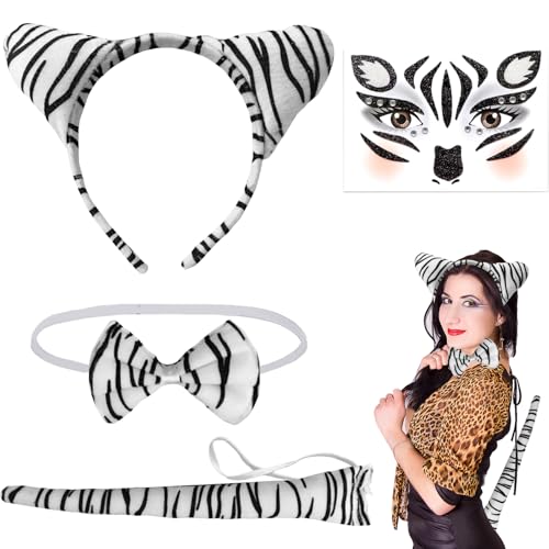 Zebra Kostüm Set - 4-teilig Mit Stirnband, Fliege, Schwanz, Ohren Und Gesicht Kunst Aufkleber - Für Kinder Und Damen - Karneval, Fasching, Halloween Party von XIEXIESHER