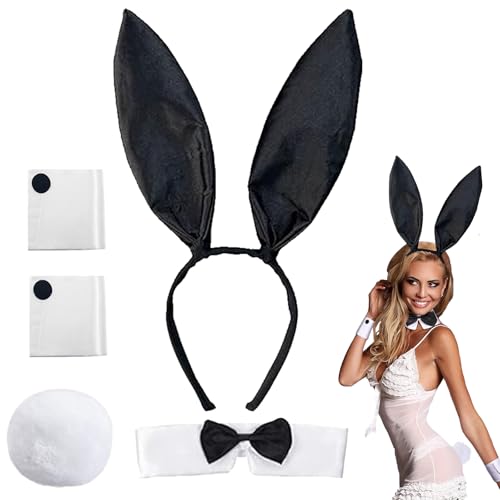 XIEXIESHER 5 Stück Damen Bunny Kostüm Set, Hasenohren Haarreif Fliege Manschetten Schwanz, Bunny Girl Cosplay Kostüm für Damen Ostern Halloween Karneval Cosplay Party(Schwarz) von XIEXIESHER