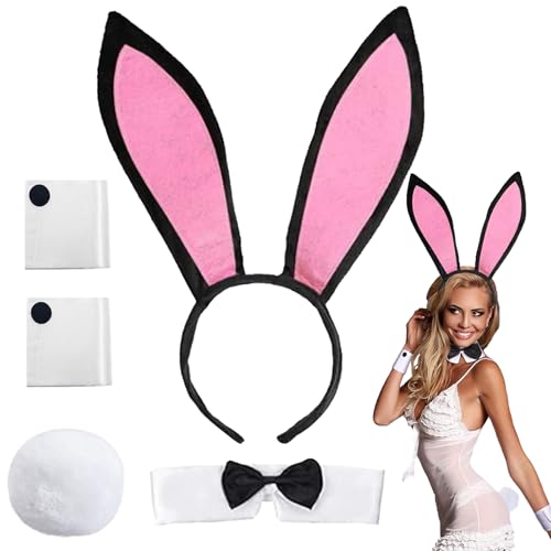 XIEXIESHER 5 Stück Damen Bunny Kostüm Set, Hasenohren Haarreif Fliege Manschetten Schwanz, Bunny Girl Cosplay Kostüm für Damen Ostern Halloween Karneval Cosplay Party(Schwarz Rosa) von XIEXIESHER
