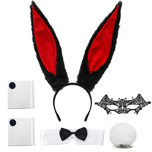XIEXIESHER 6 Stück Damen Bunny Kostüm Set, Hasenohren Haarreif Fliege Manschetten Schwanz, Bunny Girl Cosplay Kostüm für Damen Ostern Halloween Karneval Cosplay Party(Schwarz Rot) von XIEXIESHER