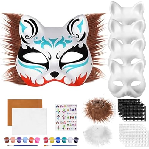XIEXIESHER Therian Katzenmaske Mask, 24 Stück, DIY Papier Maske mit Kuns Fell und Eye Mesh, Kunststoffnetzfolie, Diamantaufkleber, Therian Mask, Unbemalt Masken für Halloween, Karneval, Maskerade von XIEXIESHER