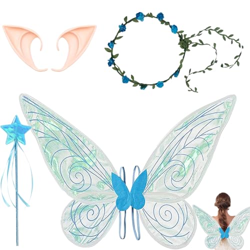 XIEXIESHER Feenflügel Kostüm Set, Feenflügel mit Elfenohren, Blumenkranz, Feenstab, Feenflügel Erwachsene, Schmetterlingsflügel Kinder für Weihnachts Karneval Geburtstags Cosplay Party(Blau) von XIEXIESHER
