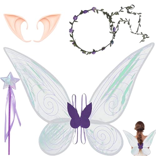 XIEXIESHER Feenflügel Kostüm Set, Feenflügel mit Elfenohren, Blumenkranz, Feenstab, Feenflügel Erwachsene, Schmetterlingsflügel Kinder für Weihnachts Karneval Geburtstags Cosplay Party(Lila) von XIEXIESHER