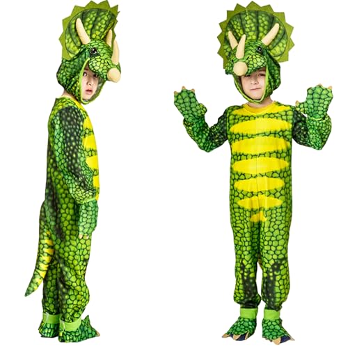 XIEXIESHER Halloween Dinosaurier Kostüm für Kinder, Triceratops Kostüm, Dinosaurier Tierische Jumpsuits, Halloween Weihnachten Party Carnival Cosplay Kostüm für 10-12 Jahre Unisex(Grün Triceratops) von XIEXIESHER