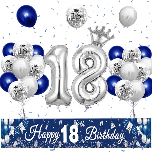 XIEXIESHER 18 Geburtstag Deko, Blau Silber Luftballons 18 Geburtstag Dekoration Set, Partydeko mit Kronenballon und Banner 18 geburtstag Jungen, für Jungen MädchenParty Deko 18.Geburtstag von XIEXIESHER