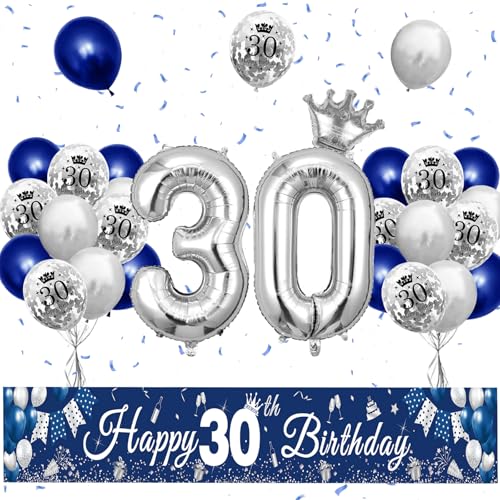 XIEXIESHER 30. Geburtstag Deko, Blau Silber: 29-teiliges Set mit Luftballons, Banner, Kronenballon und mehr für epische 30. Geburtstagspartys für Kinder und Erwachsene von XIEXIESHER
