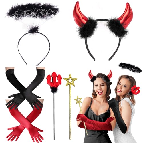 XIEXIESHER 6Stk Teufel Kostüm Damen und Mädchen, Teufelshörner Haarreif, Zubehör, Engel und Teufel Hörner Stirnband, Teufelsohren für Karneval Mottoparty Halloween von XIEXIESHER