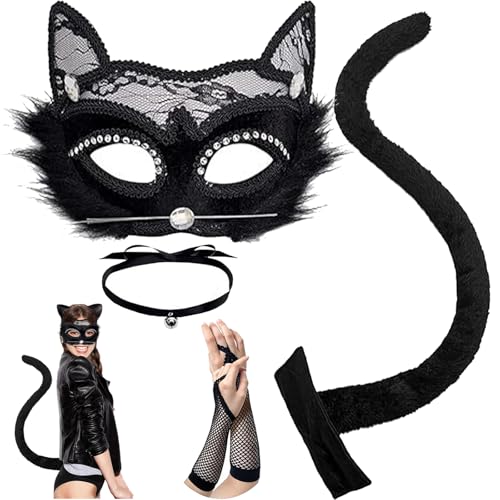 XIEXIESHER 5 Stück Spitze Katze Fuchs Cosplay, Fuchs Maske,Therian Tail, Choker Fingerless Fishnet Gloves, Lace Mädchen Spitzen Maske, Karneval Halloween Party Cosplay Kostüm Set(Spitze) von XIEXIESHER