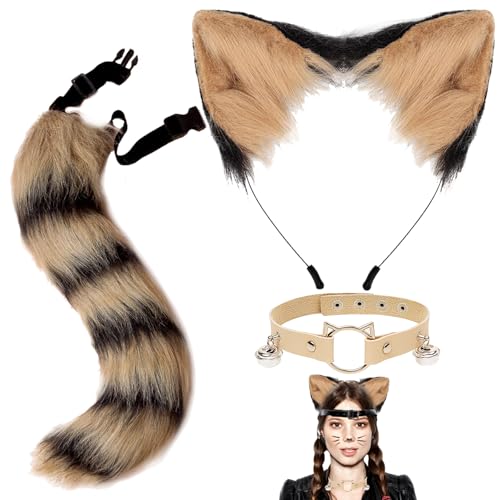 XIEXIESHER 3 Stück Katze Fuchs Cosplay, Fuchs Kunstpelz Schwanz Katzenohren Stirnband Halloween Party Kostüm Halsband Cosplay Set für Damen, Karneval Halloween Party Cosplay Kostüm Set(Gelb/Schwarz) von XIEXIESHER