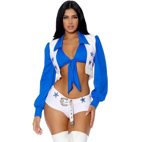 XIFUHUI Cheerleader Kostüm Damen Blau weißes Star Cheerleader Kostüme für Erwachsene Kleid Kostüm langen Ärmeln Party Kostüm Kleid Karneval Mottoparty(M) von XIFUHUI