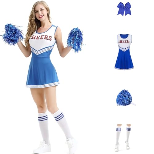 XIFUHUI Cheerleader Kostüm Damen Kostüm mit Cheerleader Pompons und Socken Uniform Tanzkleid Halloween Karneval Fasching Partykleid(Blau,M) von XIFUHUI