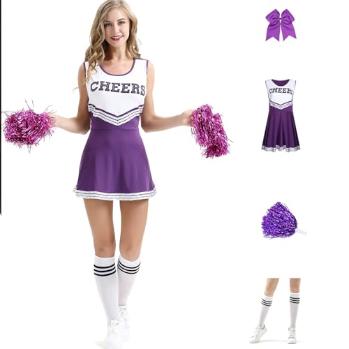 XIFUHUI Cheerleader Kostüm Damen Kostüm mit Cheerleader Pompons und Socken Uniform Tanzkleid Halloween Karneval Fasching Partykleid(Lila,M) von XIFUHUI