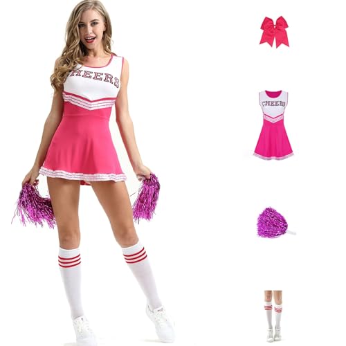 XIFUHUI Cheerleader Kostüm Damen Kostüm mit Cheerleader Pompons und Socken Uniform Tanzkleid Halloween Karneval Fasching Partykleid(Rosa,XXL) von XIFUHUI