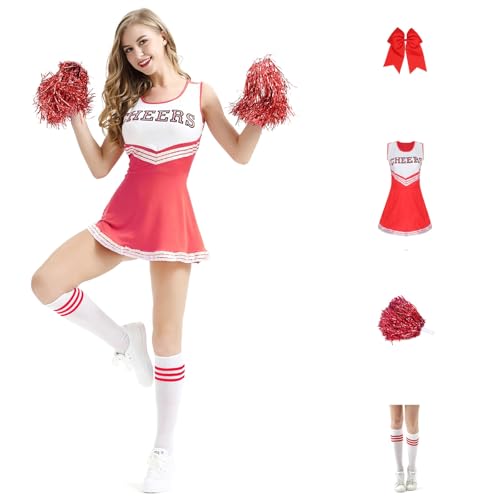 XIFUHUI Cheerleader Kostüm Damen Kostüm mit Cheerleader Pompons und Socken Uniform Tanzkleid Halloween Karneval Fasching Partykleid(Rot,140) von XIFUHUI