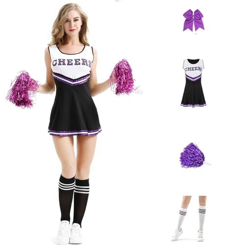 XIFUHUI Cheerleader Kostüm Damen Kostüm mit Cheerleader Pompons und Socken Uniform Tanzkleid Halloween Karneval Fasching Partykleid(Schwarz,M) von XIFUHUI