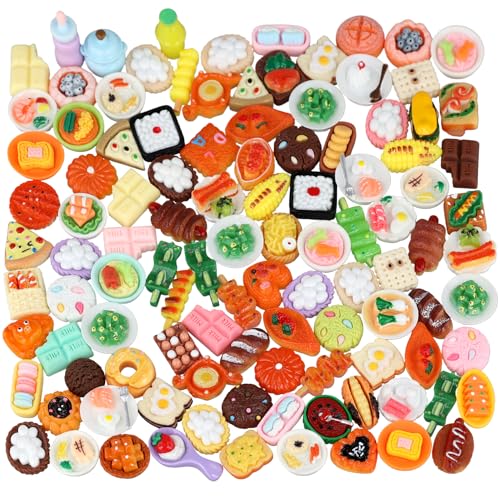 100 Stück Miniatur Lebensmittel Spielzeug, Spielzeug Winzig Pizza Kuchen Brot Miniatur Essen und Trinken für Kinder Erwachsene Küche Spielparty Rollenspiel Gemischt Harz Puppenhauszubehör von XIHIRCD