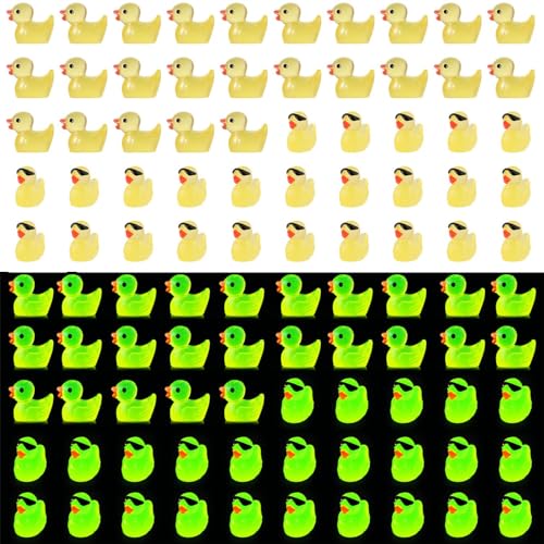 100stk Leuchtende Mini-Enten Kunstharz, 2 Stile Winzige Miniatur Enten Figuren mit Sonnenbrille im Dunkeln Leuchtende Enten für Garten Kunsthandwerk Puppenhaus Dekorationen Streichspiel (Gelb) von XIHIRCD