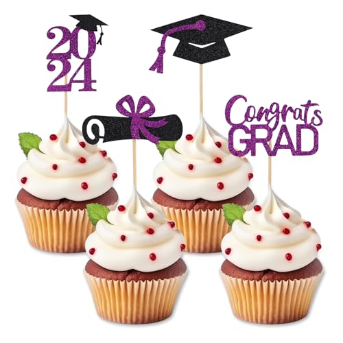 36 Stück Cupcake Topper Abschluss 2024, Glitzernd Abschlusskappe Diplom Cupcake Topper Abschlussfeier Zubehör Abschluss Cupcake Deko für Abschlussfeier, Geburtstagsfeier (Lila) von XIHIRCD