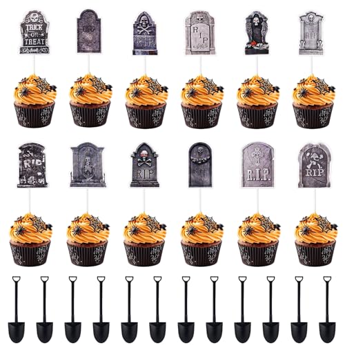 48stk Halloween Cupcake Topper, Gruselige Cupcake-Dekorationen mit Neuartigen Mini-Schaufellöffeln Friedhofs-Kuchenaufsatz Grabstein-Cupcake-Topper Halloween-Partyzubehör 48stk Halloween Cupcake Topper, Gruselige Cupcake-Dekorationen mit Neuartigen Mini-Schaufellöffeln Friedhofs-Kuchenaufsatz Grabstein-Cupcake-Topper Halloween-Partyzubehör von XIHIRCD