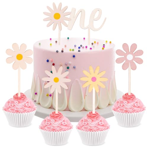 5stk Boho Kuchenaufsatz, ONE Kuchenaufsatz Groovy Retro Hippie Boho Gänseblümchen-Kuchendekorationen Blumen-Dessert-Cupcake-Aufsatz für Kuchen-Party-Dekorationszubehör von XIHIRCD
