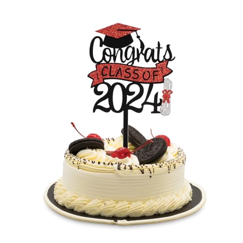 Congrats Grad Cake Topper Abschluss 2024, Glitzernd Abschluss-Kuchenaufsatz Class of 2024 Abschlusskappe und Diplom-Kuchenaufsatz Abschluss Tortendeko 2024 Abschlussfeier Zubehör von XIHIRCD