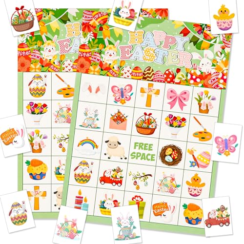 XIHIRCD 24 Spieler Oster-Bingokarten, Frohe Ostern-Bingo-Spielset für Kinder Partyspiel für Reisen Zuhause Aktivitäten im Klassenzimmer Korbfüller von XIHIRCD