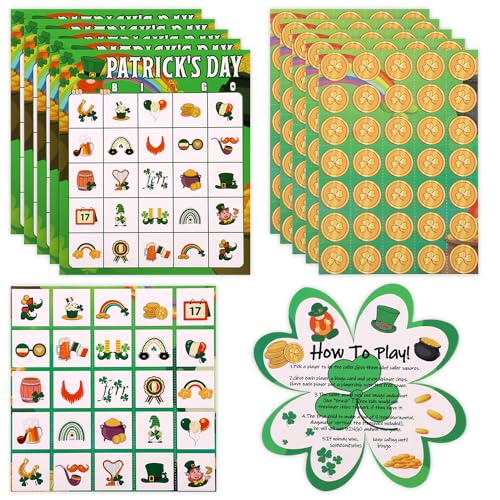XIHIRCD 24-Spieler St. Patrick's Bingo Spielkarten, St. Patrick's Day Bingo Spiele Kinder Kleeblatt Goldmünzen Grüner Hut St. Patrick's Partygeschenke von XIHIRCD