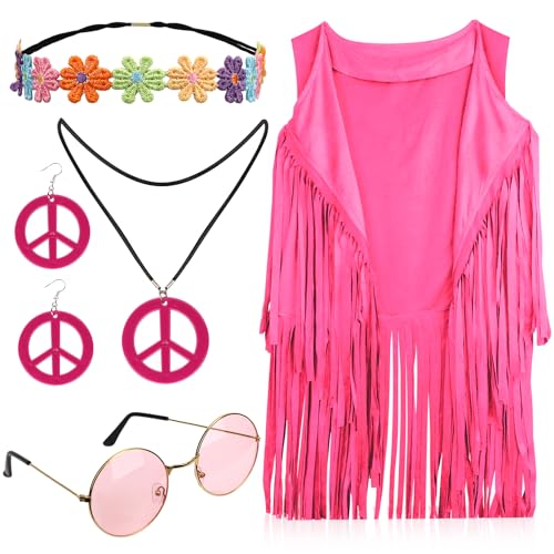 XIHIRCD Hippie Kostüm Set, Hippie Kostüm Zubehör Inklusive Ärmellosem Fransen-Tanktop, Ohrringen, Halskette, Stirnband, Vintage-Sonnenbrille Fransenweste-Kostüm 60er 70er (XXXL, Pink) von XIHIRCD