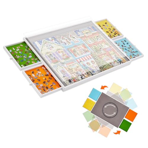 Drehbares Puzzlebrett mit farbcodierten Schubladen und Abdeckung, glattes Holz, drehbarer Puzzletisch, 76,2 x 55,9 cm, drehbares Puzzle-Plateau für Erwachsene und Kinder, samtgefüttert, 1000 Teile Drehbares Puzzlebrett mit farbcodierten Schubladen und Abdeckung, glattes Holz, drehbarer Puzzletisch, 76,2 x 55,9 cm, drehbares Puzzle-Plateau für Erwachsene und Kinder, samtgefüttert, 1000 Teile von XIJ