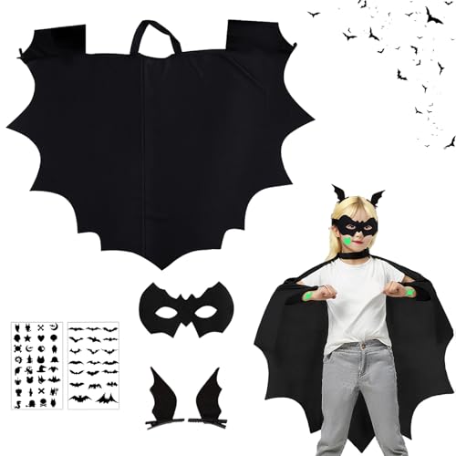 XILEPINAN 6 Stück Fledermaus Kostüm Kinder, fledermaus Umhang & Maske & Leuchtend Tattoos & Fledermausflügel Haarspangen 6 Teilig Set, für Körpergröße 120-130CM Halloween Karneval Cosplay von XILEPINGAN