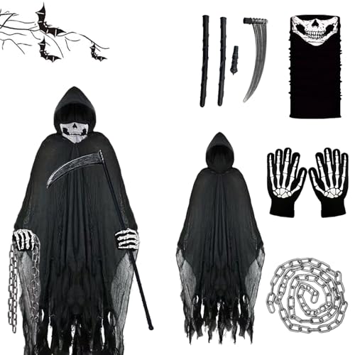 XILEPINAN 6 Stück Halloween Geister Kostüm Erwachsene Sensenmann,Gruselig Halloween Kostüm Horror Umhang,Halloween Ghost Death Cloak mit Scythe Maske Handschuhen Kette (A-Schwarz) von XILEPINGAN