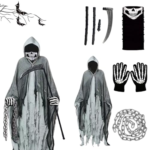 XILEPINAN 6 Stück Halloween Geister Kostüm Erwachsene Sensenmann,Gruselig Halloween Kostüm Horror Umhang,Halloween Ghost Death Cloak mit Scythe Maske Handschuhen Kette (B-Grau) von XILEPINGAN