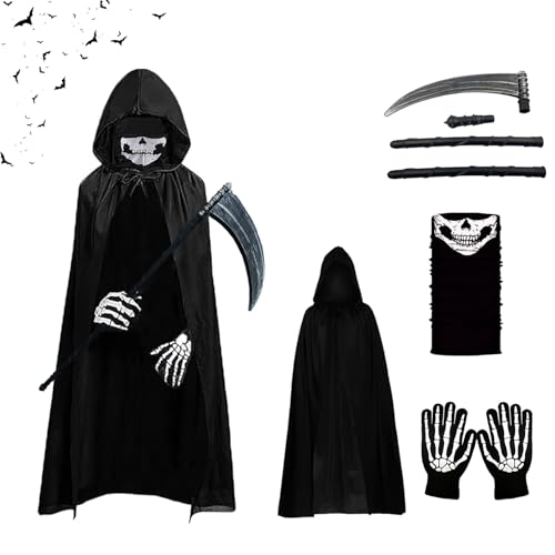 XILEPINGAN Sensenmann Kostüm,Halloween-Umhang mit Kapuze,mit Schädelmaske,Sense,Skelett Handschuhe,Sensenmann Umhang für Halloween,Cosplay (Kinder-B) von XILEPINGAN