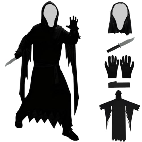 XILEPINGAN XILEPINAN Halloween-Schrei-Masken-Kostüm, Halloween Scream Costume,Gruseliges schreiendes Geisterkostüm mit falschem Messer,Halloween & Horror Verkleidung (Kind-XL) von XILEPINGAN