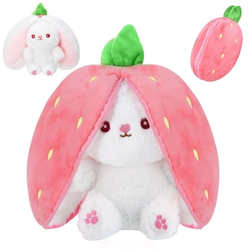 XIMEY Hase Erdbeere Plüsch, Osterhase Plüschtier Hase 25cm Hase Karotte Plüschtier, Hase Kuscheltier, Stofftier Hase, Versteckter Hasen Plüsch für Kinder Jungen Mädchen Osterparty-Dekoration Geschenk von XIMEY
