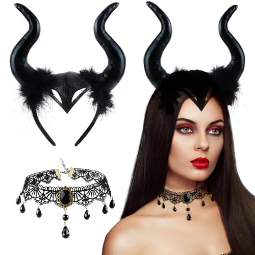 XIMEY Hörner Kopfschmuck, 2 Pcs Königin Hörner mit Gothic Retro Spitzenhalskette, Teufel Haarschmuck, Hörner Haarreif, Halloween Damen Kostüm für Karneval, Maskerade, Cosplay, Karneval (Schwarz) XIMEY Hörner Kopfschmuck, 2 Pcs Königin Hörner mit Gothic Retro Spitzenhalskette, Teufel Haarschmuck, Hörner Haarreif, Halloween Damen Kostüm für Karneval, Maskerade, Cosplay, Karneval (Schwarz) von XIMEY
