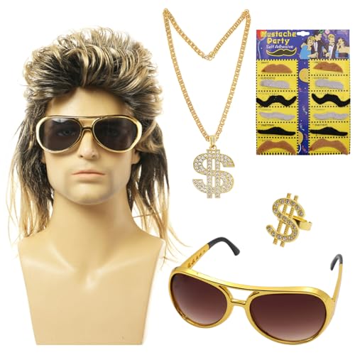 XIMKONTER Vokuhila Perücke Herren, 80er Jahre Outfit Herren Perücken 5er Set, 70er 80er Kostüm Herren mit Perücke, Brille, Bart, Halskette, Ring und Armband, Hip Hop Party Kostüm Kit für Karneval XIMKONTER Vokuhila Perücke Herren, 80er Jahre Outfit Herren Perücken 5er Set, 70er 80er Kostüm Herren mit Perücke, Brille, Bart, Halskette, Ring und Armband, Hip Hop Party Kostüm Kit für Karneval von XIMKONTER