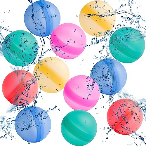XINCHEN 12 Stück Wiederverwendbare Wasserballons Refillable Water Balloon Wasserbomben Wiederverwendbar Water Balloons Schnell Befüllbare Silikon Spritzbälle Bunt Gemischt Wasserball für Kinder von XINCHEN