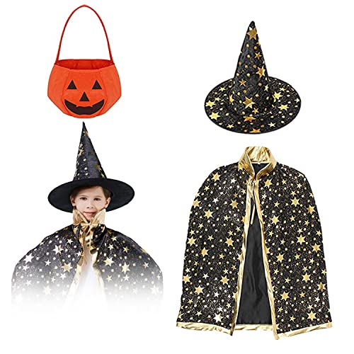 XINCHEN Halloween kostüm Kinder Hexe Zauberer Umhang mit Hut und Kürbis Candy Bag für Kinder Wizard Cape Witch Mantel mit Requisiten für Jungen Mädchen Halloween Cosplay Party. (Schwarz) von XINCHEN