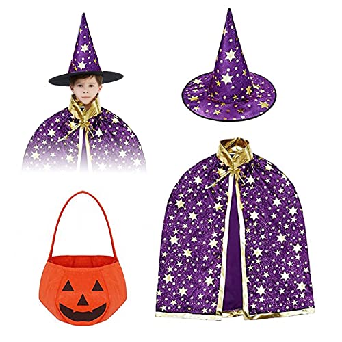 XINCHEN Halloween kostüm Kinder Hexe Zauberer Umhang mit Hut und Kürbis Candy Bag für Kinder Wizard Cape Witch Mantel mit Requisiten für Jungen Mädchen Halloween Cosplay Party. (Violett) von XINCHEN